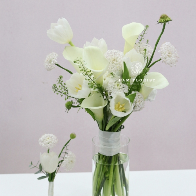 Bó Hoa Cô Dâu tone trắng - Calla Lily, Tulip, Thuý Châu