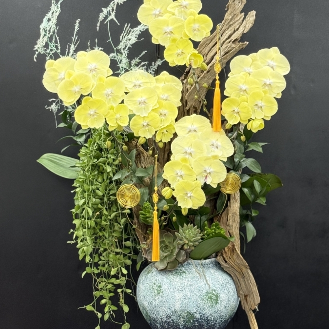 Chậu Lan Lụa Gỗ Hoàng Kim – Vẻ Đẹp Của Phú Quý (Golden Serenity Orchid Arrangement)