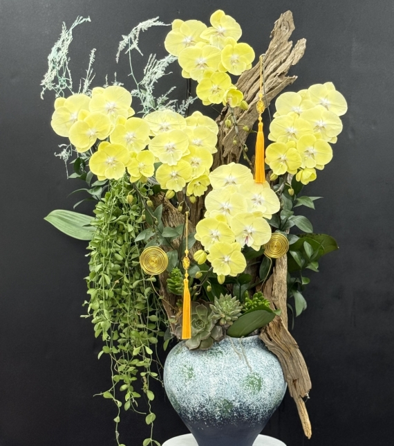 Chậu Lan Lụa Gỗ Hoàng Kim – Vẻ Đẹp Của Phú Quý (Golden Serenity Orchid Arrangement)