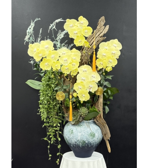 Chậu Lan Lụa Gỗ Hoàng Kim – Vẻ Đẹp Của Phú Quý (Golden Serenity Orchid Arrangement)