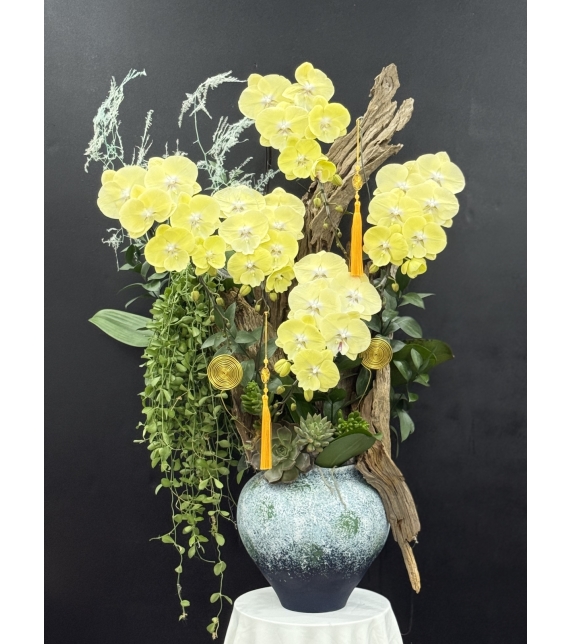 Chậu Lan Lụa Gỗ Hoàng Kim – Vẻ Đẹp Của Phú Quý (Golden Serenity Orchid Arrangement)