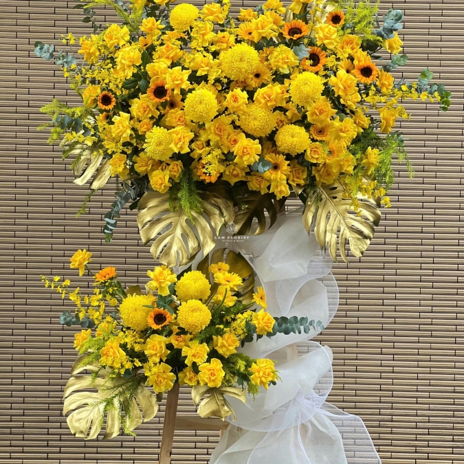 💛 Kệ Hoa Khai Trương Tone Vàng – Rực Rỡ Tài Lộc, Khai Trương Hồng Phát 