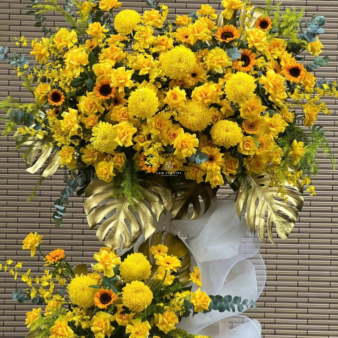 💛 Kệ Hoa Khai Trương Tone Vàng – Rực Rỡ Tài Lộc, Khai Trương Hồng Phát 