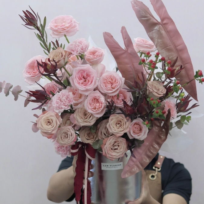 Hộp Hoa Tone Nâu Hồng Đáng Yêu